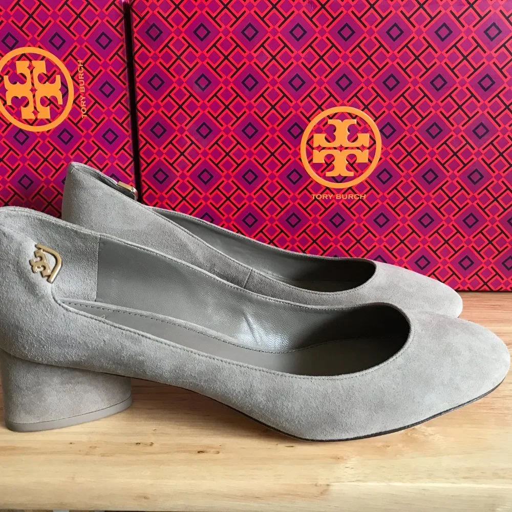 Tory Burch Gray Suede Block Heel Pumps